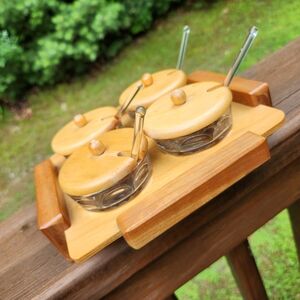 Vintage Wood And Glass 13 Piece Condiment Set